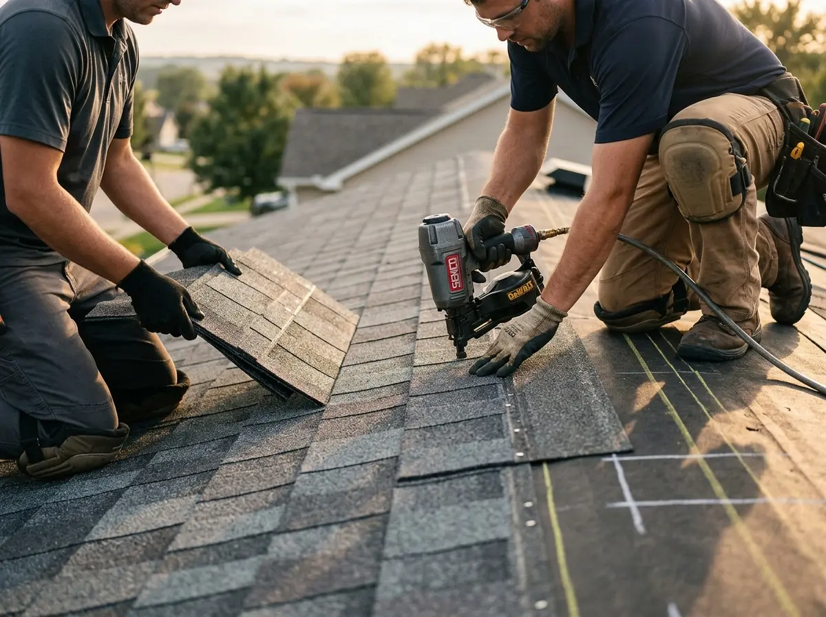 Professional roofer working on a residential roof in Portales